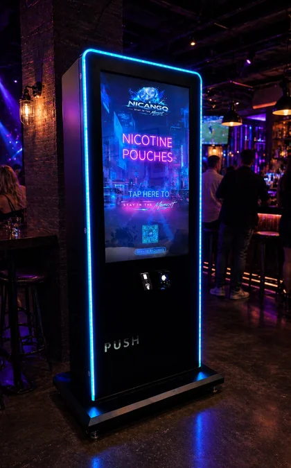Nicango nicotine pouch vending machine glowing inside a Scottsdale bar